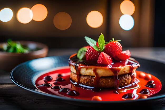 Un plato de panqueques con fresas y chocolate