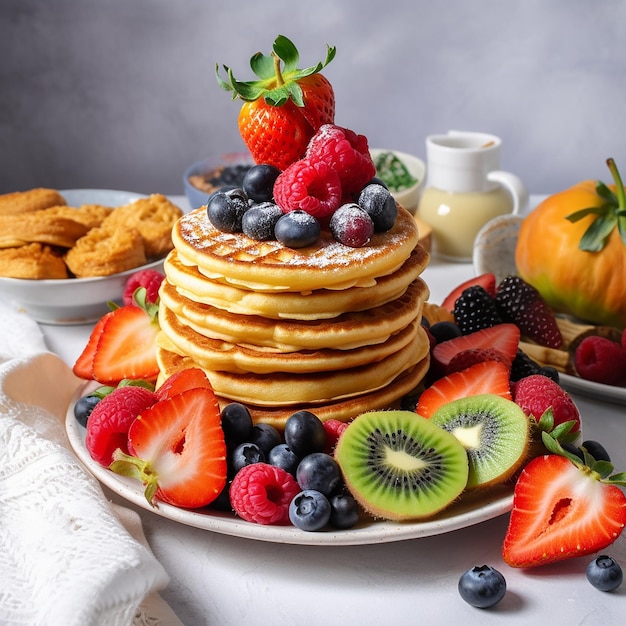 Un plato de panqueques con fruta