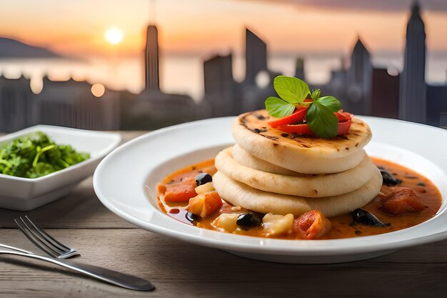 Un plato de panqueques con el horizonte de la ciudad al fondo