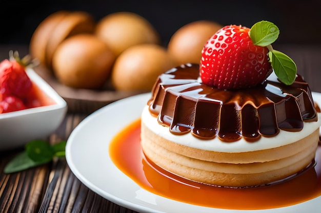 un plato de panqueques con jarabe de chocolate y una fresa en la parte superior.