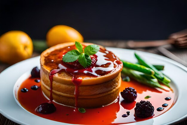 un plato de panqueques con un jarabe y una fruta en él