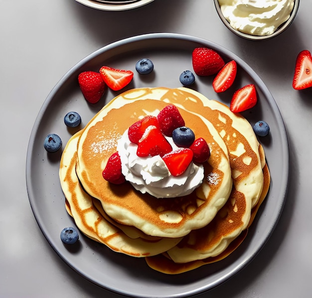 Un plato de panqueques con miel de bayas frescas de cerca sobre un fondo gris Delicioso desayuno