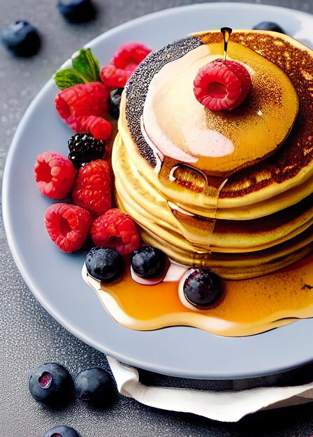 Un plato de panqueques con miel de bayas frescas de cerca sobre un fondo gris Delicioso desayuno