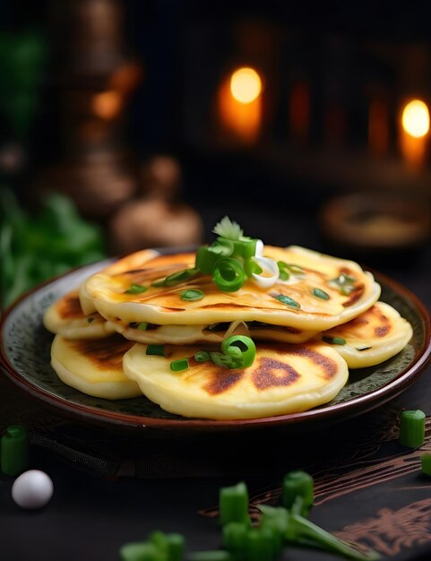 un plato de panqueques con un montón de cebollas verdes en él