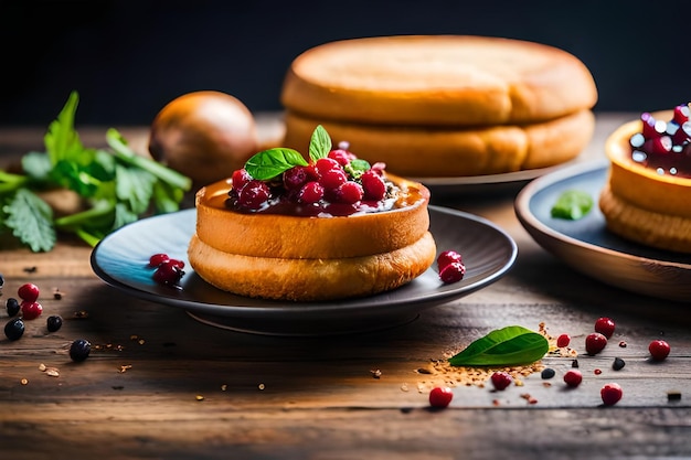 un plato de panqueques con un panqueque en él y un plato con la comida en él