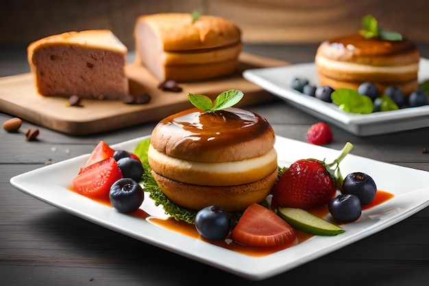 Un plato de panqueques con un plato de comida encima