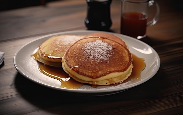 Un plato de panqueques sabrosos en un fondo de cafetería foto de comida de publicidad profesional ai generada