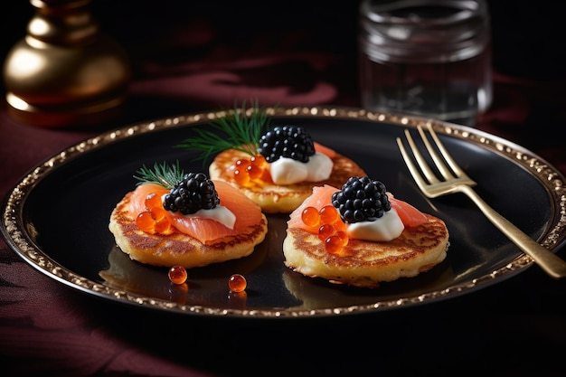 Un plato de panqueques con salmón y moras