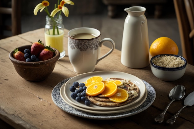 Un plato de panqueques con una taza de café y una taza de café sobre una mesa.