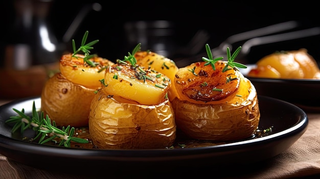 un plato de papas al horno con hierbas