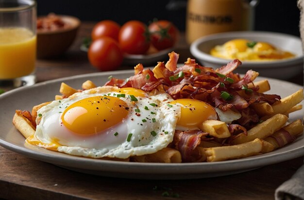 Un plato de papas fritas cargadas con huevos fritos y ba