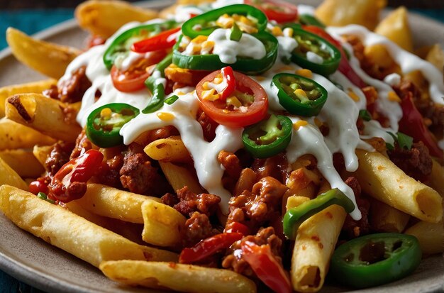 Un plato de papas fritas cargadas con queso chile y