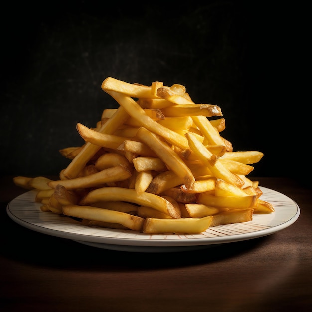 Un plato de papas fritas está sobre una mesa.