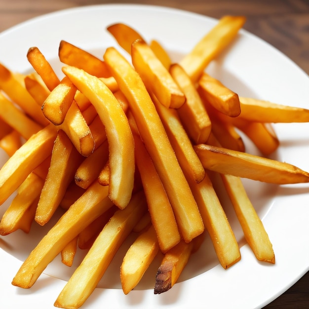 Un plato de papas fritas está sobre una mesa.