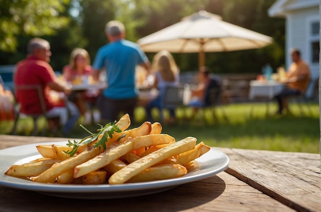 Un plato de papas fritas con un fondo borroso de un verano