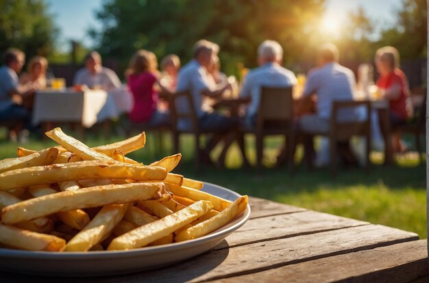 Un plato de papas fritas con un fondo borroso de un verano