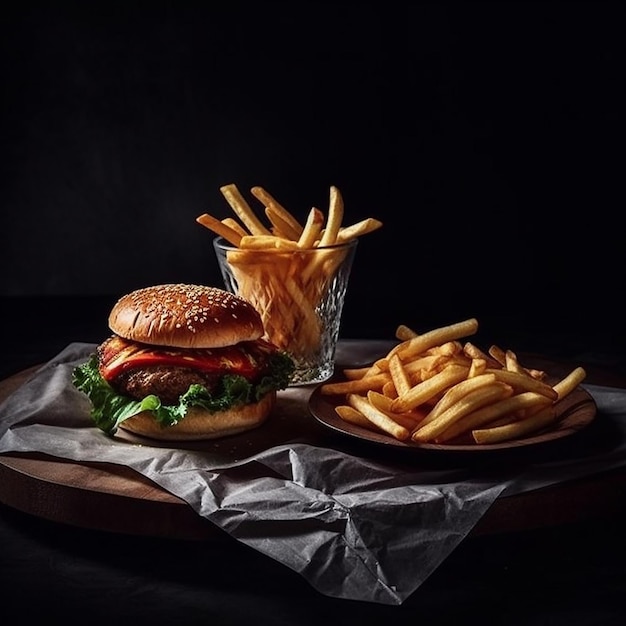 Un plato de papas fritas y una hamburguesa con un vaso de papas fritas.