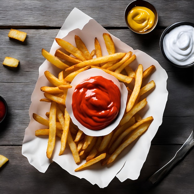 Un plato de papas fritas con ketchup y ketchup.