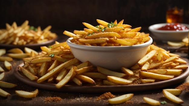 Un plato de papas fritas con ketchup a un lado