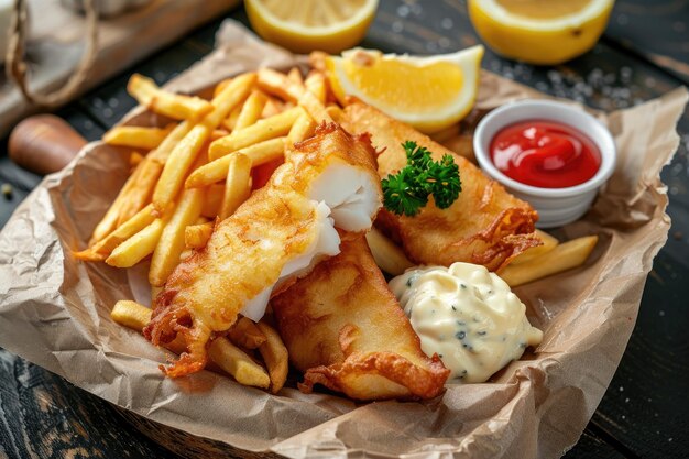 Foto un plato de papas fritas y limones en una mesa