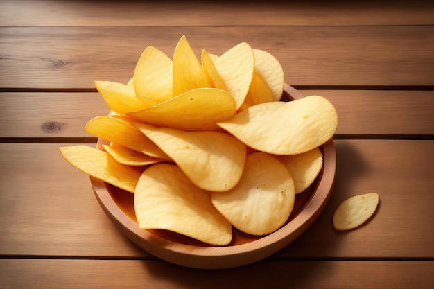 Un plato de papas fritas en una mesa de madera.