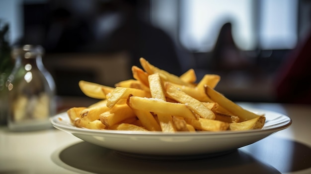 Un plato de papas fritas en una mesa en un restaurante