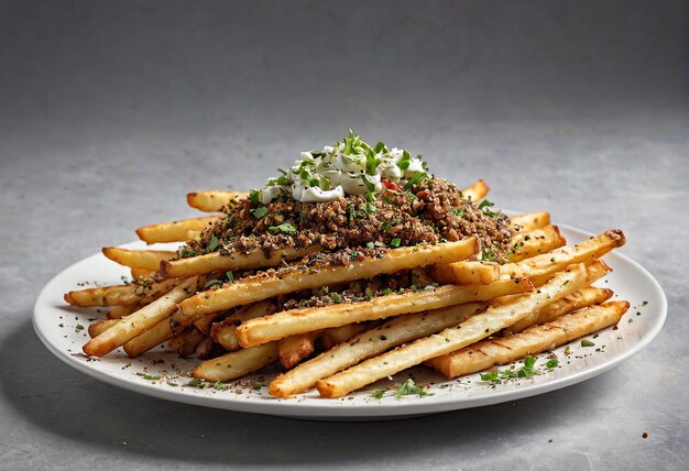 Foto un plato de papas fritas con un montón de carne y verduras