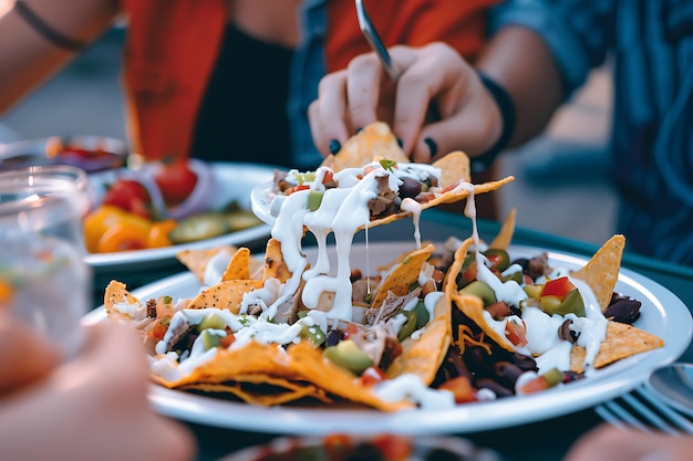 un plato de papas fritas con una persona comiendo una ensalada