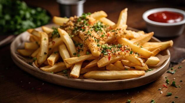 Un plato de papas fritas con un plato de comida encima