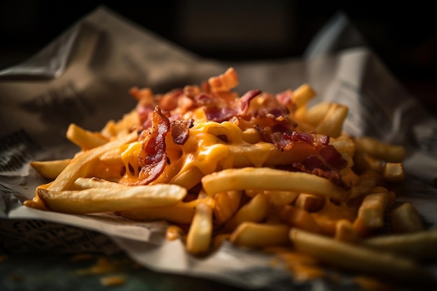 Un plato de papas fritas con queso y tocino