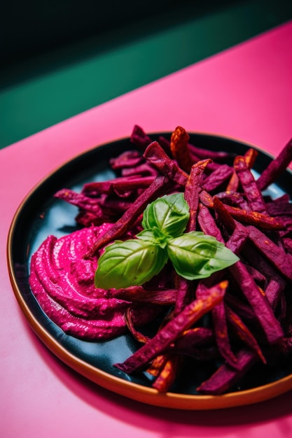 Un plato de papas fritas con una ramita de albahaca encima de la imagen generativa de ai