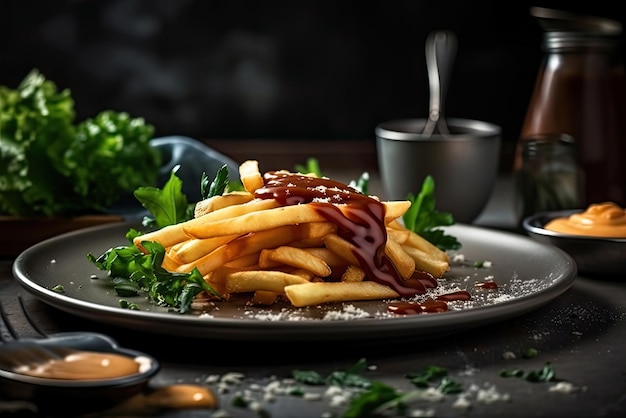 Un plato de papas fritas con salsa y una botella de salsa al lado.