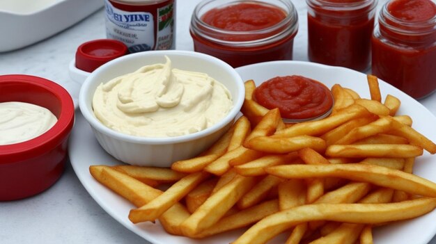 Foto un plato de papas fritas con una salsa roja y un pequeño recipiente de mayonesa en el lado