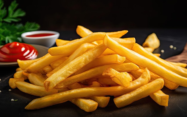 Un plato de papas fritas y salsa de tomate en una mesa