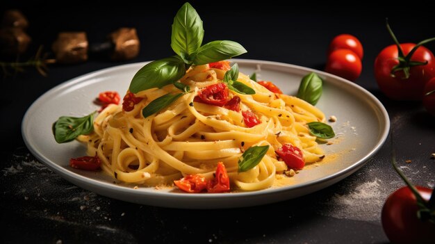 un plato de pasta con albahaca y tomates