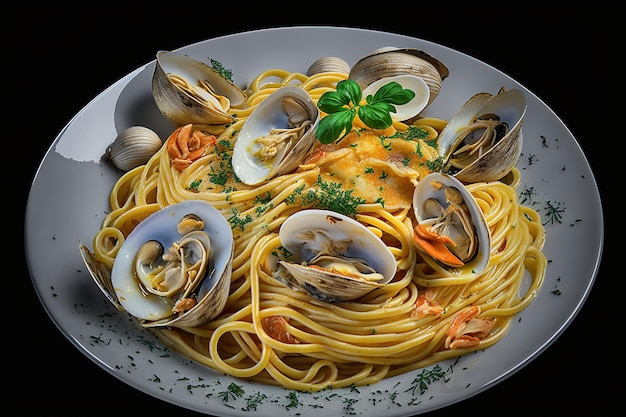 Un plato de pasta con almejas y perejil