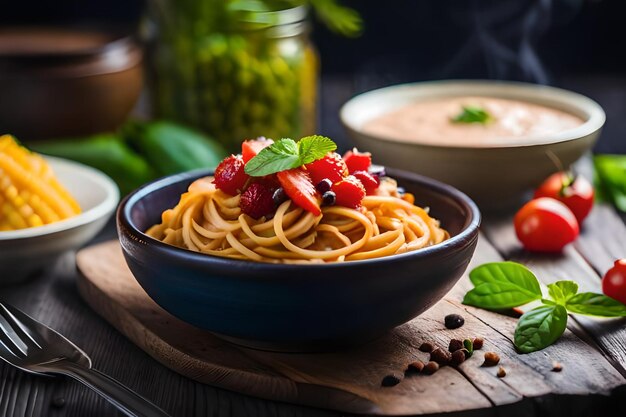 un plato de pasta con bayas y una hoja verde