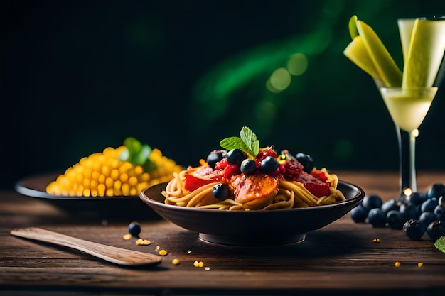 un plato de pasta con bayas y plátanos en una mesa de madera