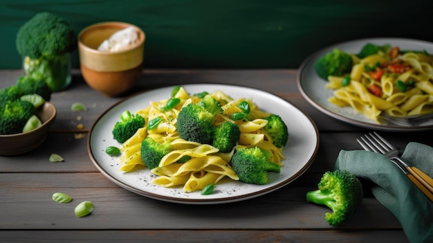 Un plato de pasta con brócoli y ajo sobre una mesa de madera.