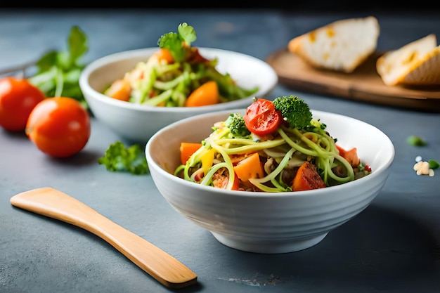 Un plato de pasta de calabacín con una cuchara de madera al lado.