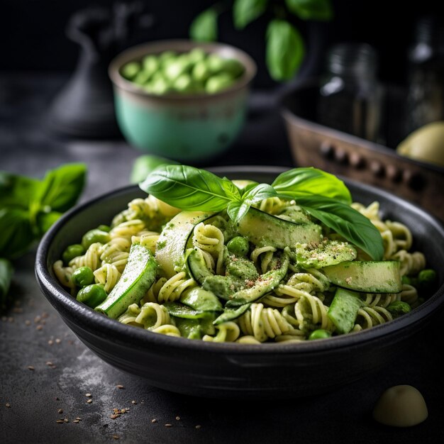 Un plato de pasta con calabacín y guisantes verdes.