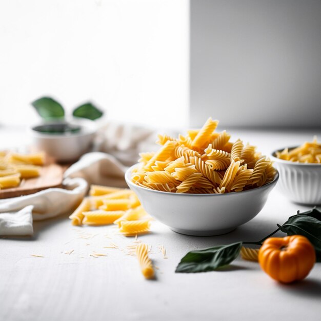 Un plato de pasta con una calabaza al lado.