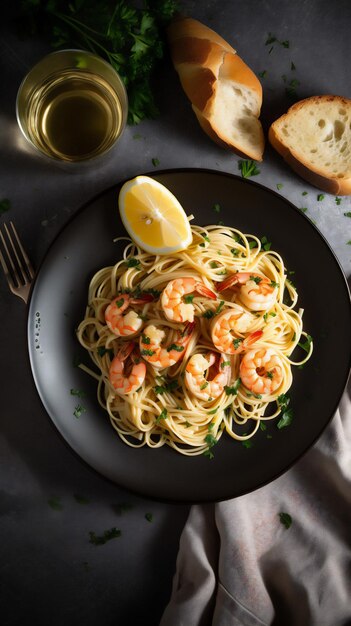 Un plato de pasta de camarones con un limón al lado.