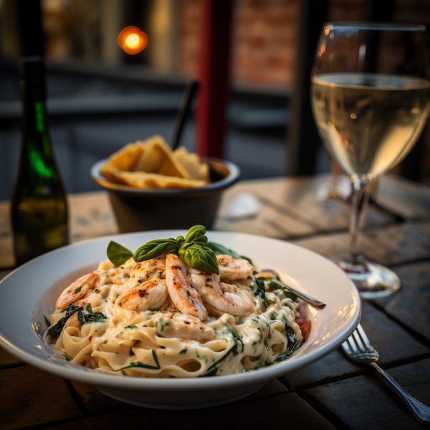 Un plato de pasta de camarones con mariscos italianos