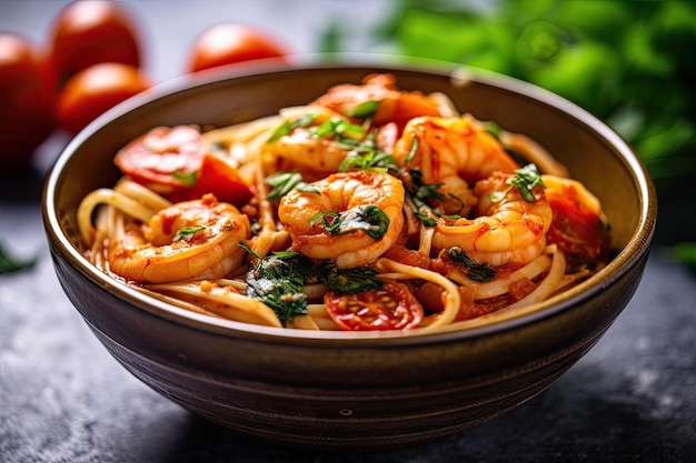 Un plato de pasta con camarones y tomates