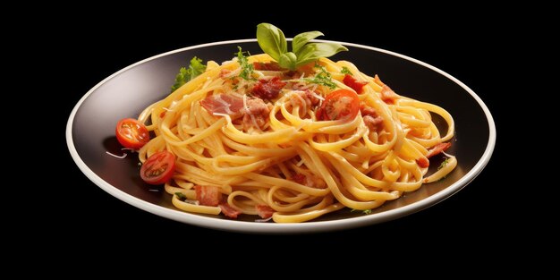 plato de pasta de carbonara con tocino hábilmente aislado en un fondo transparente dibujando espectador