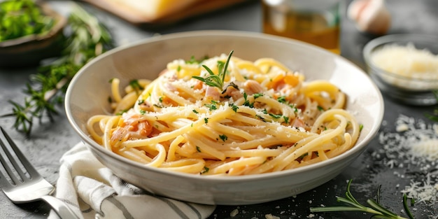 Un plato de pasta cremosa con salsa salada y queso rallado