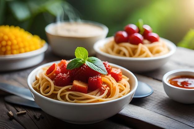 Un plato de pasta con fresas y fresas.