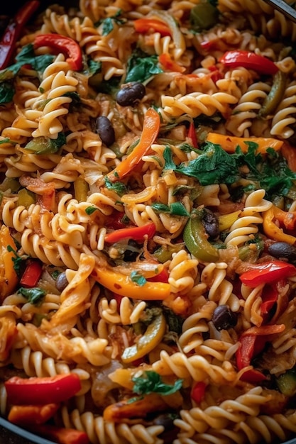 Un plato de pasta con un frijol negro espolvoreado encima.