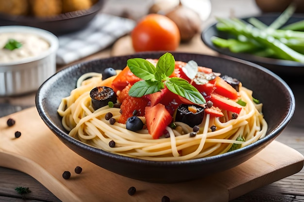 un plato de pasta con frutas y verduras